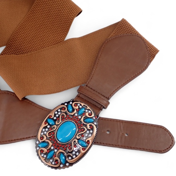 Southwestern Style Turquoise Blue Coral Red Copper Belt Buckle Brown Stretch XL - Picture 13 of 15